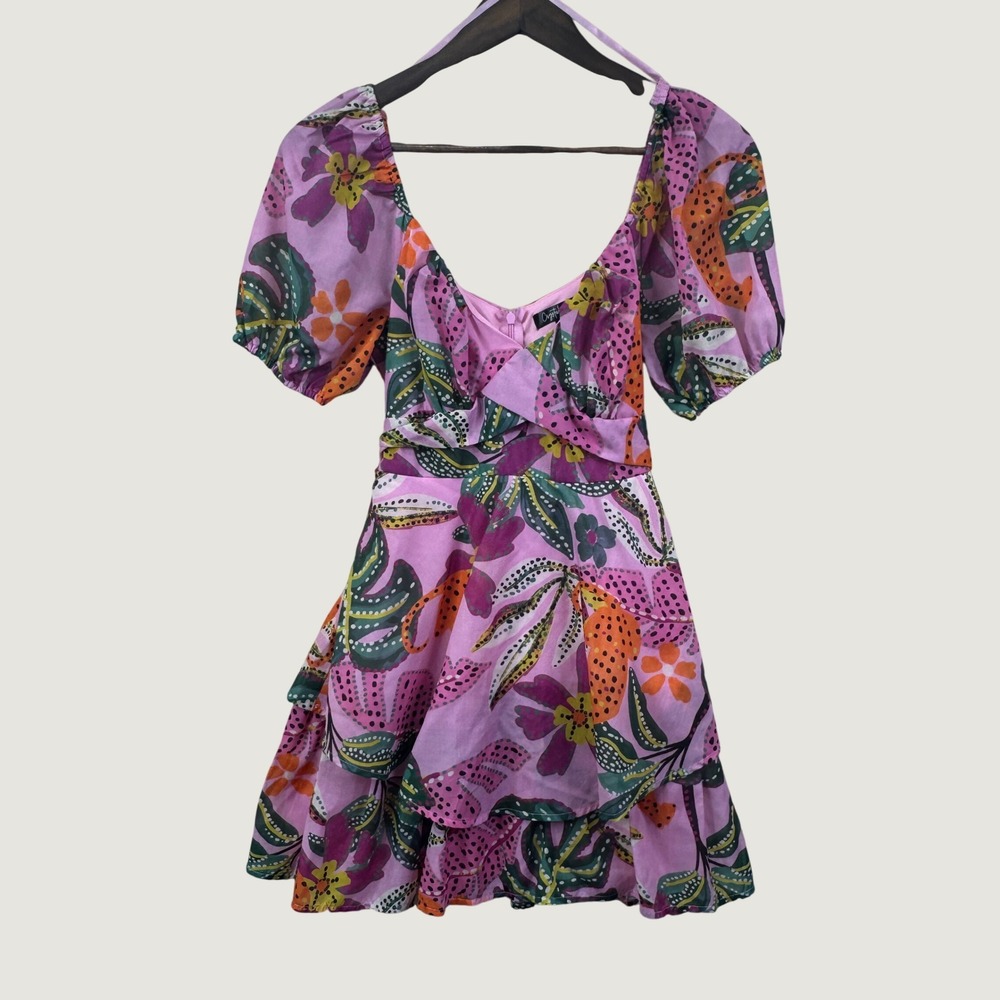 Crystal Sky Floral Puff Sleeve Mini Dress M Pink Tropical Boho Cottagecore